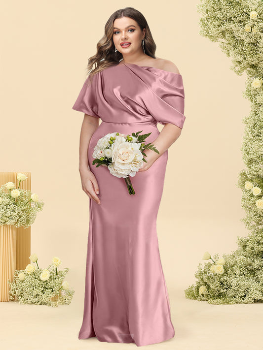 Trumpet/Mermaid One-Shoulder Half Sleeves Plus Size Bridesmaid Dresses With Ruched