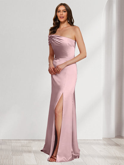 Sheath/Column Off-the-Shoulder Floor-Length Ruched Bridesmaid Dresses With Split Side