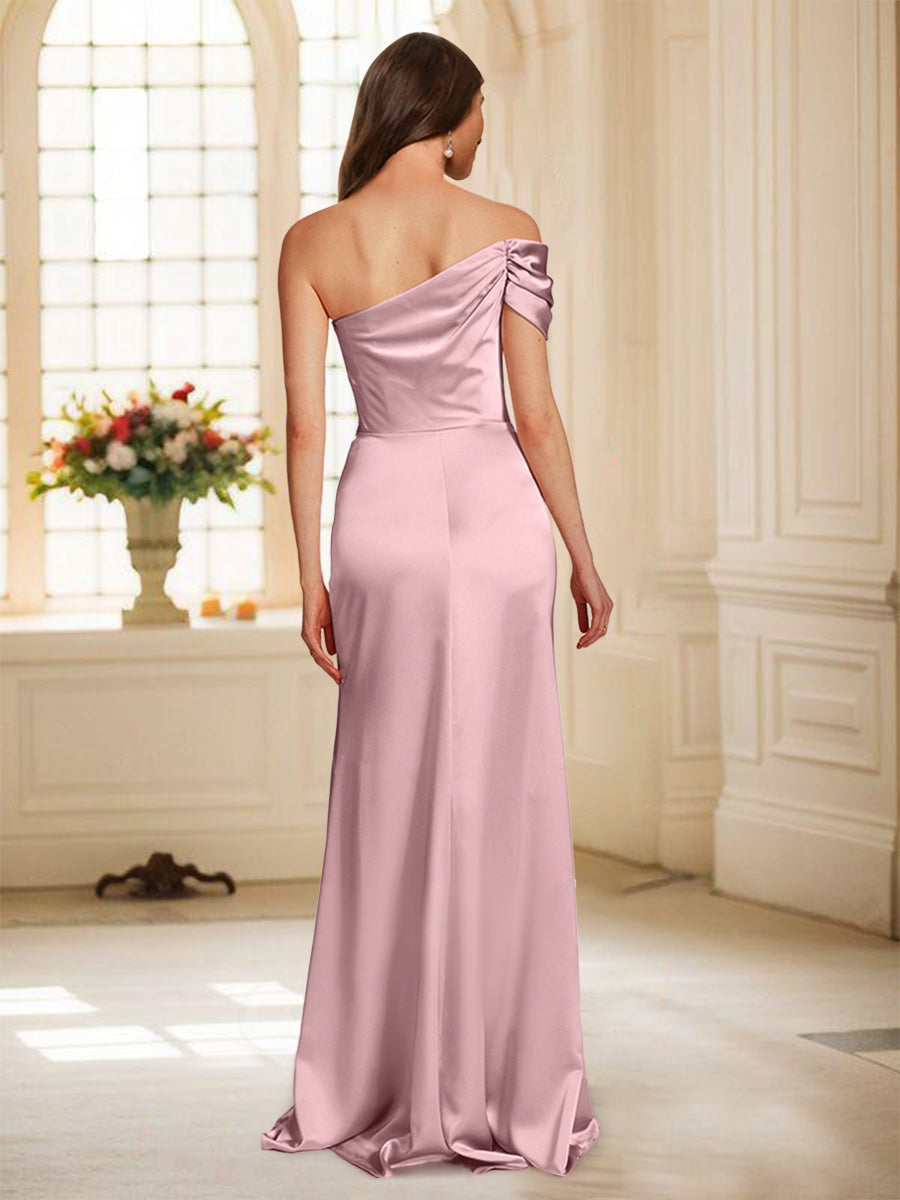 Sheath/Column Off-the-Shoulder Floor-Length Ruched Bridesmaid Dresses With Split Side