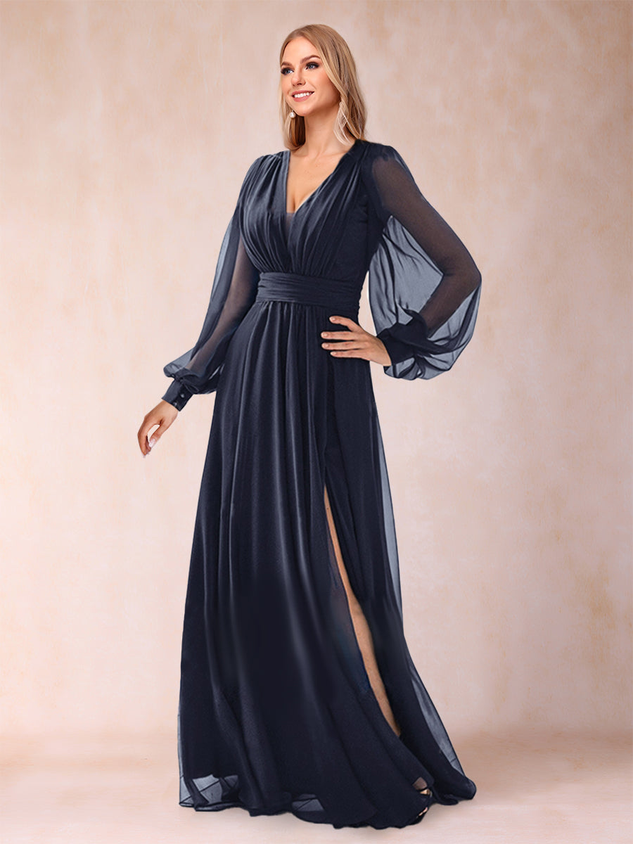 A-Line/Princess V-Neck Floor-Length Chiffon Mother of the Bride Dresses With Split Side