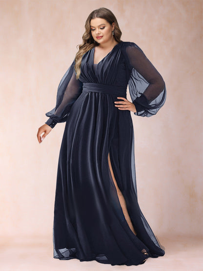 A-Line/Princess V-Neck Floor-Length Chiffon Plus Size Mother of the Bride Dresses With Split Side