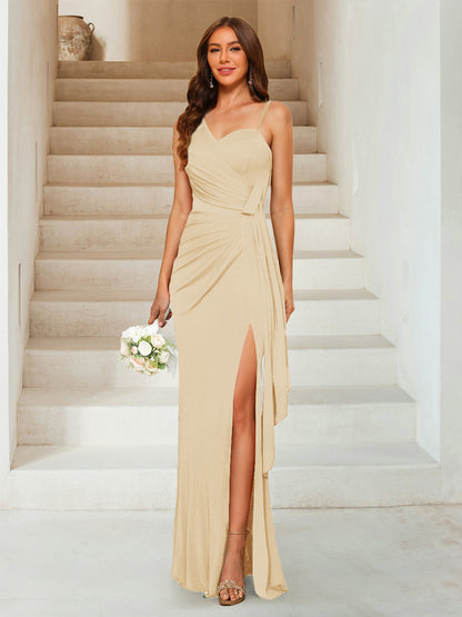 Sheath/Column Sweetheart Sleeveless Floor-Length Formal Dresses with Split Side & Ruched