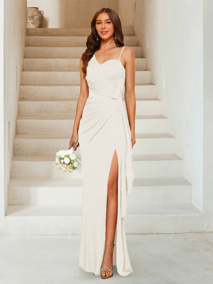 Sheath/Column Sweetheart Sleeveless Floor-Length Formal Dresses with Split Side & Ruched