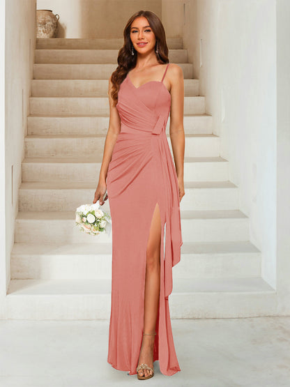 Sheath/Column Sweetheart Sleeveless Floor-Length Formal Dresses with Split Side & Ruched