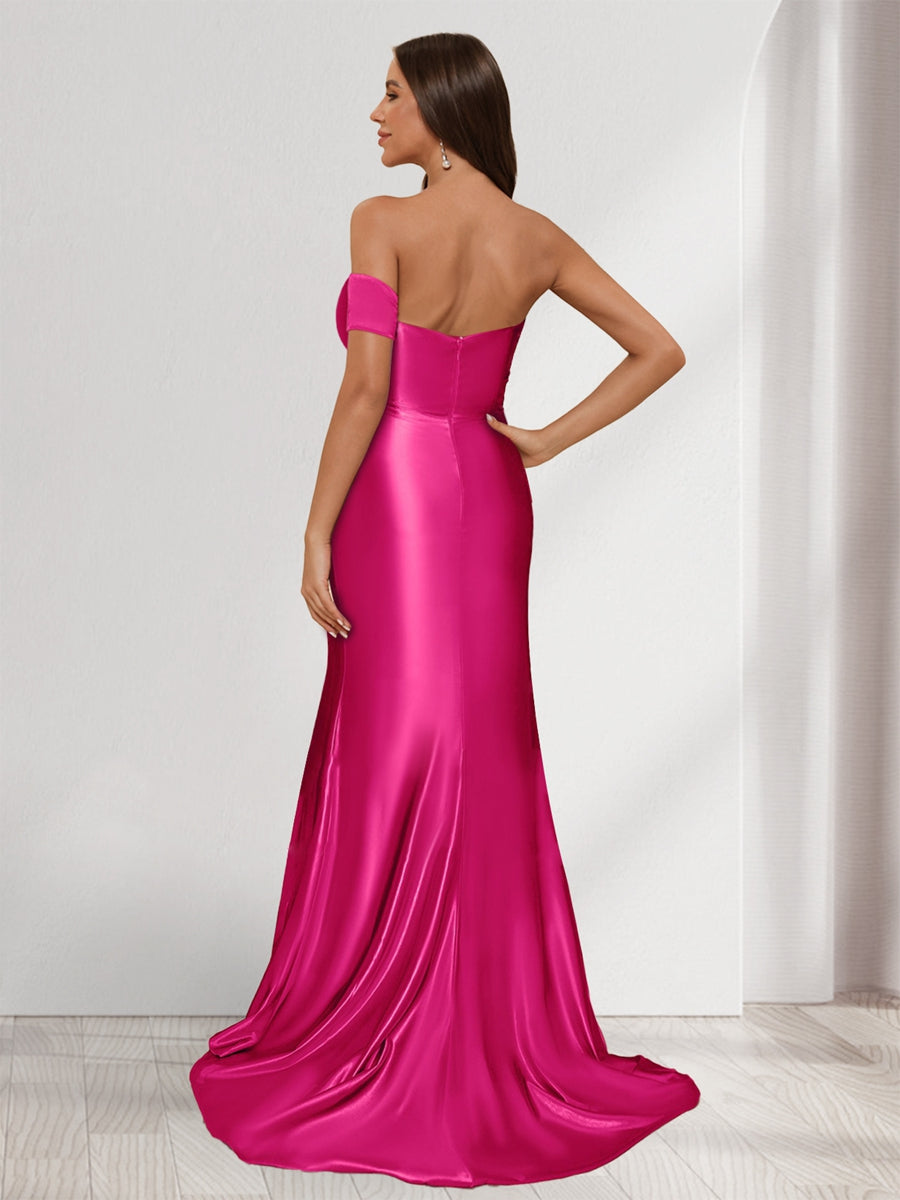 Sheath/Column One-Shoulder Sleeveless Sweep Train Evening Dresses with Split Side & Ruffles