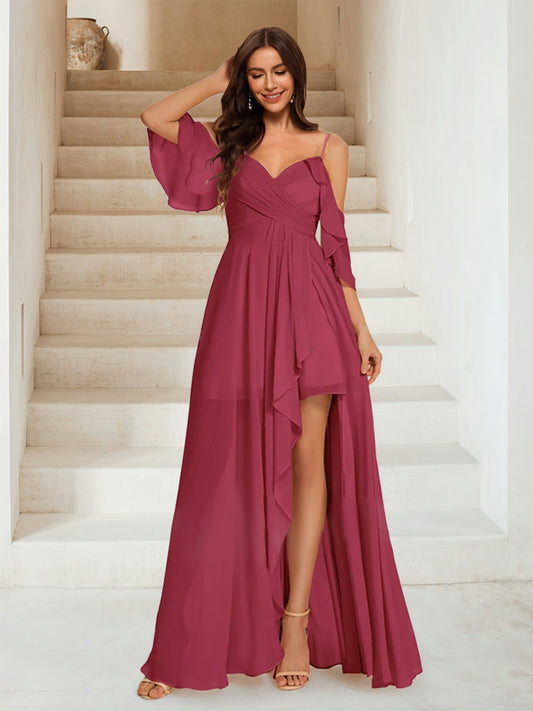 A-Line/Princess V-Neck Short Sleeves Floor-Length Chiffon Bridesmaid Dresses with Ruffles