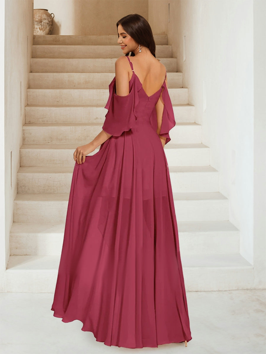 A-Line/Princess V-Neck Short Sleeves Floor-Length Chiffon Bridesmaid Dresses with Ruffles