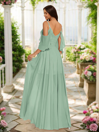 A-Line/Princess V-Neck Short Sleeves Floor-Length Chiffon Bridesmaid Dresses with Ruffles