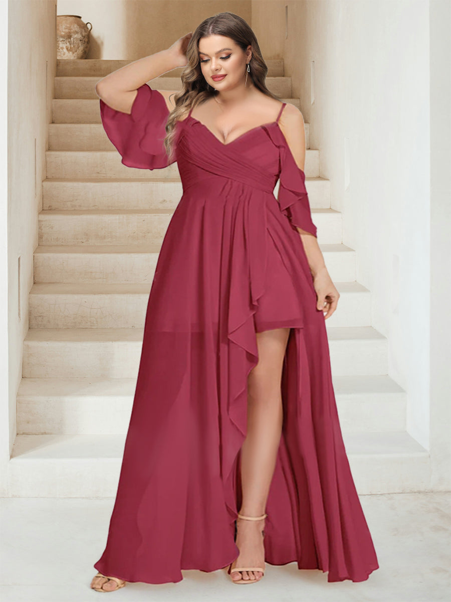 A-Line/Princess V-Neck Short Sleeves Floor-Length Chiffon Plus Size Bridesmaid Dresses with Ruffles