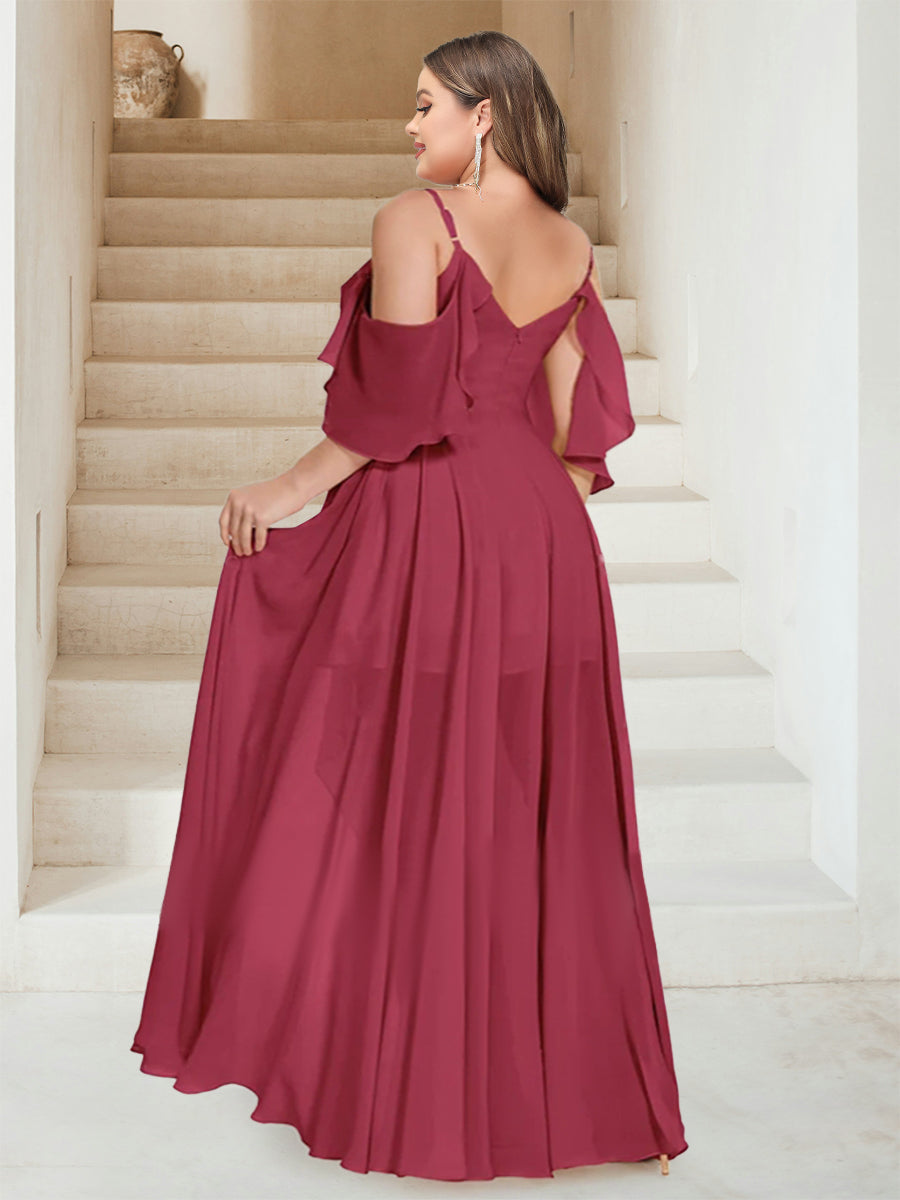 A-Line/Princess V-Neck Short Sleeves Floor-Length Chiffon Plus Size Bridesmaid Dresses with Ruffles