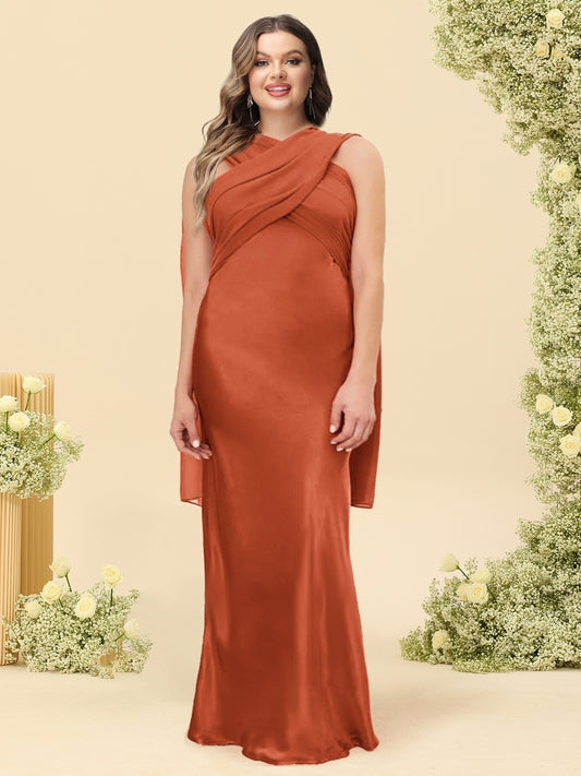 Sheath/Column Halter Sleeveless Floor-Length Lace-Up Plus Size Bridesmaid Dresses