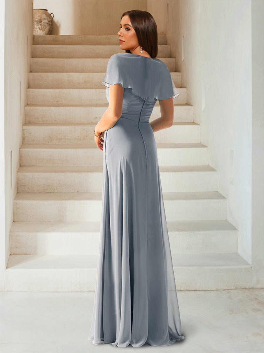 Sheath/Column V-Neck Short Sleeves Floor-Length Chiffon Bridesmaid Dresses with Split Side