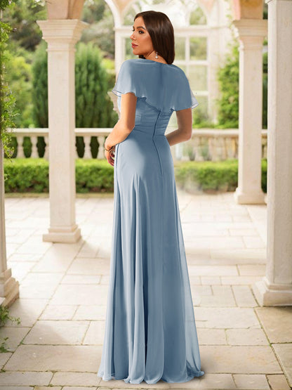 Sheath/Column V-Neck Short Sleeves Floor-Length Chiffon Bridesmaid Dresses with Split Side