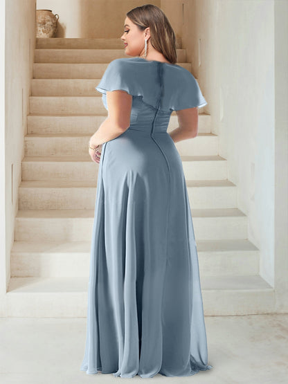 Sheath/Column V-Neck Short Sleeves Floor-Length Chiffon Plus Size Bridesmaid Dresses with Split Side