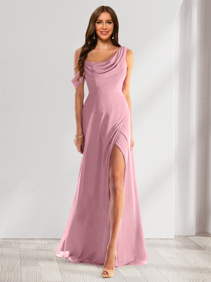 Sheath/Column Cowl Neck Sleeveless Floor-Length Chiffon Bridesmaid Dresses with Split Side