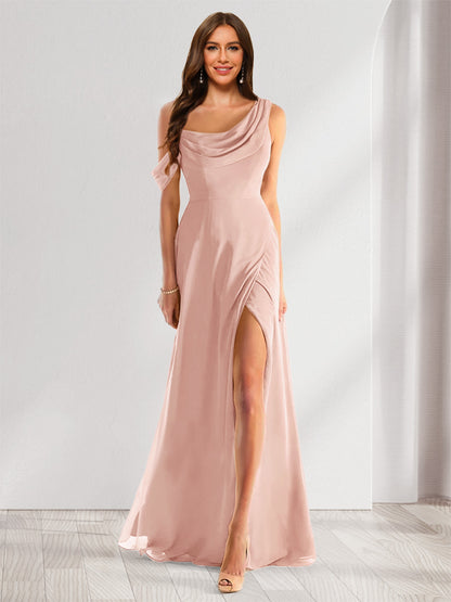 Sheath/Column Cowl Neck Sleeveless Floor-Length Chiffon Bridesmaid Dresses with Split Side