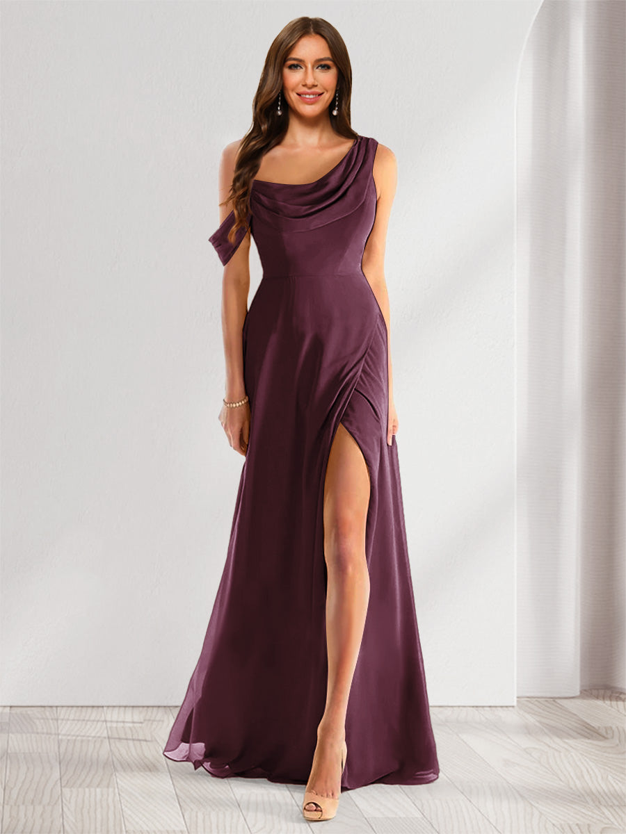 Sheath/Column Cowl Neck Sleeveless Floor-Length Chiffon Bridesmaid Dresses with Split Side