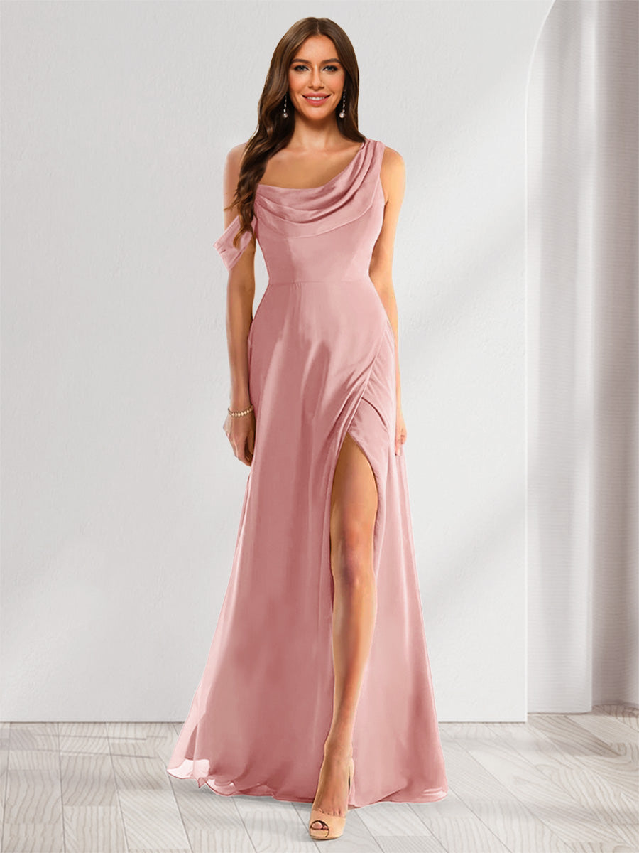 Sheath/Column Cowl Neck Sleeveless Floor-Length Chiffon Bridesmaid Dresses with Split Side