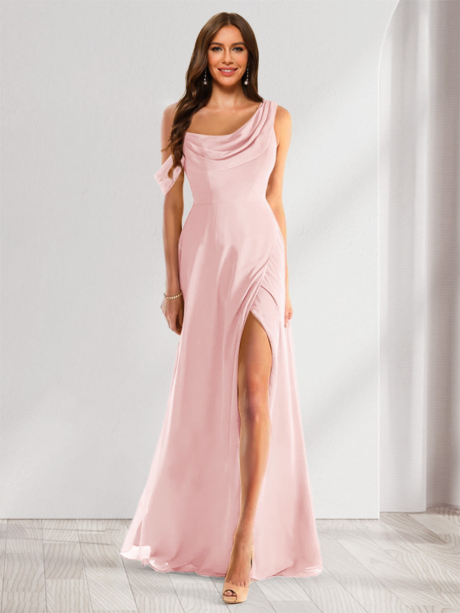 Sheath/Column Cowl Neck Sleeveless Floor-Length Chiffon Bridesmaid Dresses with Split Side