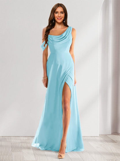 Sheath/Column Cowl Neck Sleeveless Floor-Length Chiffon Bridesmaid Dresses with Split Side