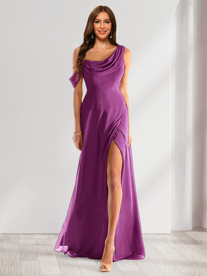 Sheath/Column Cowl Neck Sleeveless Floor-Length Chiffon Bridesmaid Dresses with Split Side