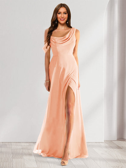 Sheath/Column Cowl Neck Sleeveless Floor-Length Chiffon Bridesmaid Dresses with Split Side