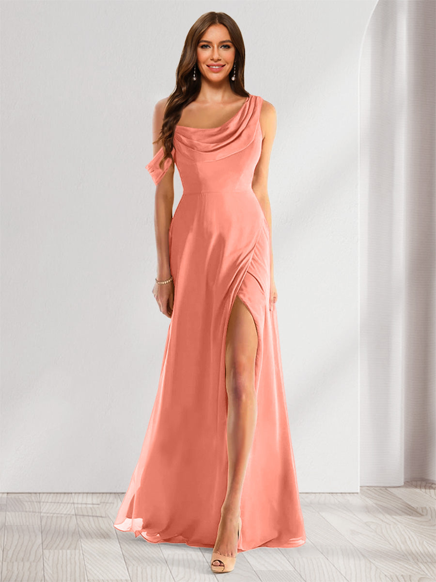 Sheath/Column Cowl Neck Sleeveless Floor-Length Chiffon Bridesmaid Dresses with Split Side