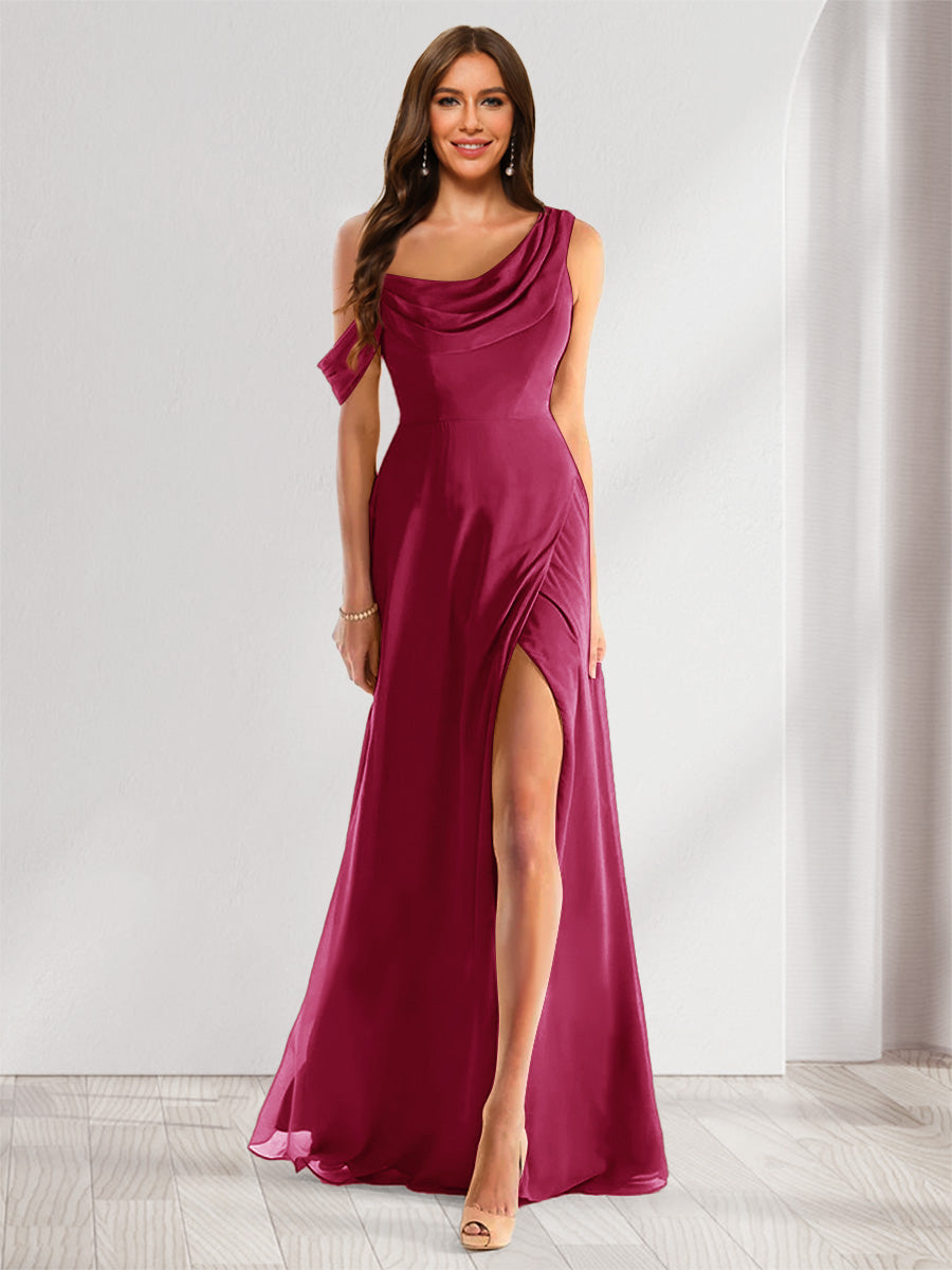 Sheath/Column Cowl Neck Sleeveless Floor-Length Chiffon Bridesmaid Dresses with Split Side