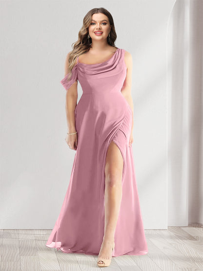 Sheath/Column Cowl Neck Sleeveless Floor-Length Chiffon Plus Size Bridesmaid Dresses with Split Side