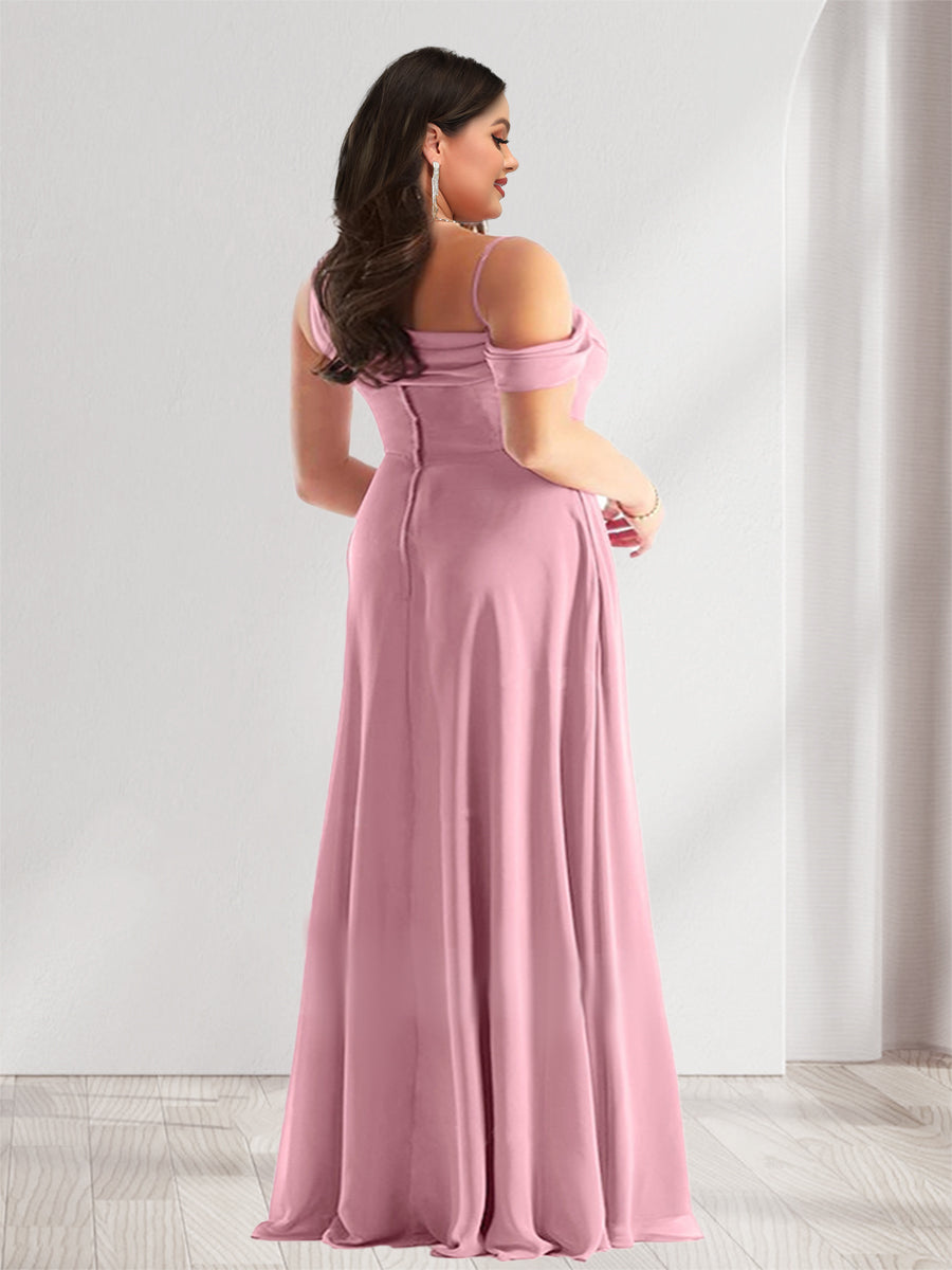 Sheath/Column Cowl Neck Sleeveless Floor-Length Chiffon Plus Size Bridesmaid Dresses with Split Side