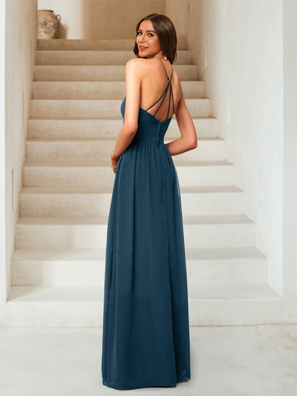 A-Line/Princess Halter Sleeveless Floor-Length Chiffon Ruched Bridesmaid Dresses