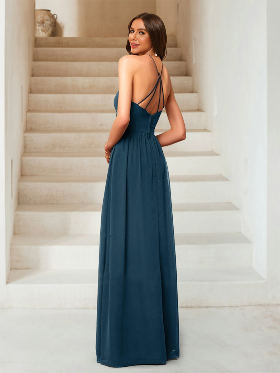 A-Line/Princess Halter Sleeveless Floor-Length Chiffon Ruched Bridesmaid Dresses