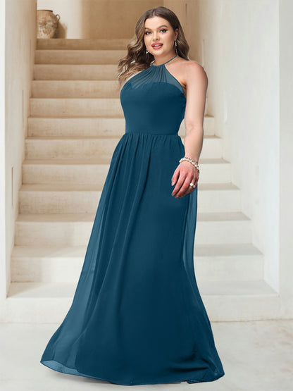 A-Line/Princess Halter Sleeveless Floor-Length Chiffon Ruched Plus Size Bridesmaid Dresses