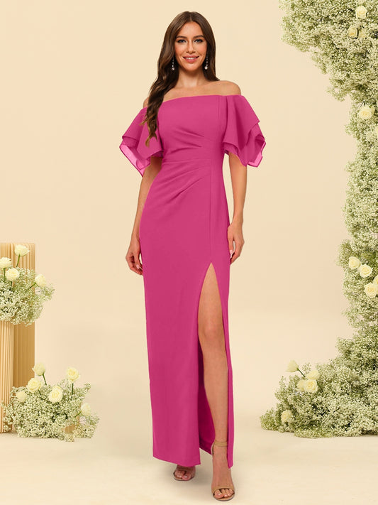 Sheath/Column Off-the-Shoulder Short Sleeves Bridesmaid Dresses with Split Side