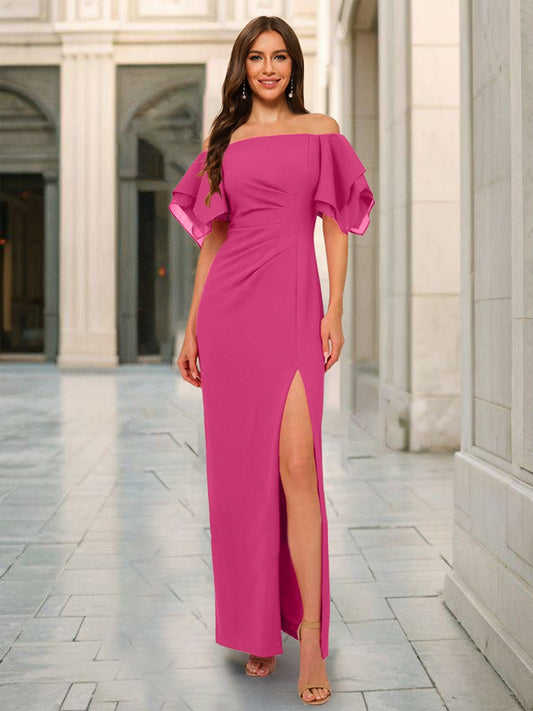 Sheath/Column Off-the-Shoulder Short Sleeves Bridesmaid Dresses with Split Side