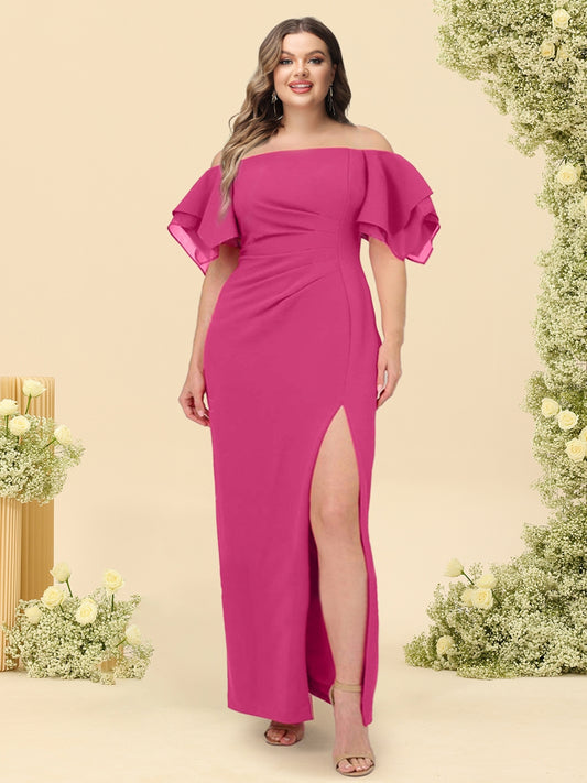 Sheath/Column Off-the-Shoulder Short Sleeves Plus Size Bridesmaid Dresses with Split Side