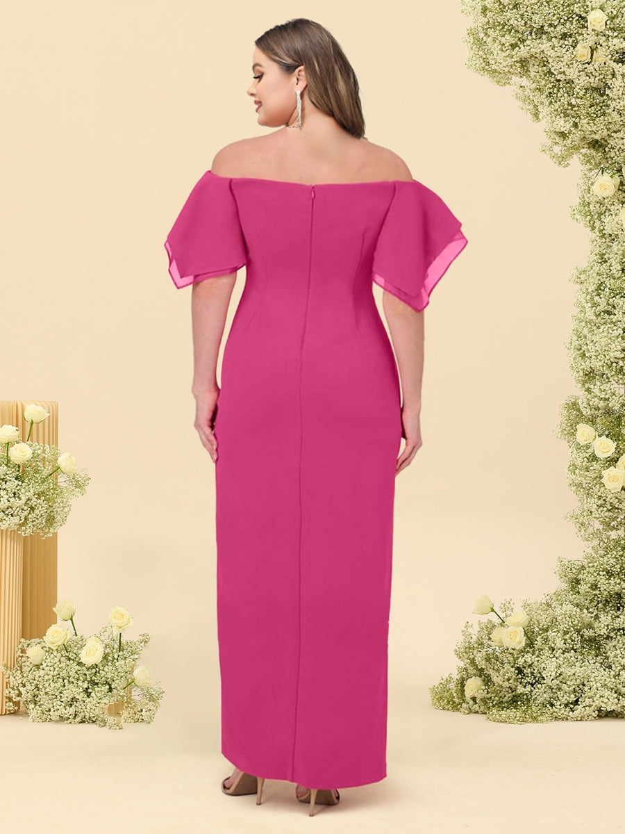 Sheath/Column Off-the-Shoulder Short Sleeves Plus Size Bridesmaid Dresses with Split Side