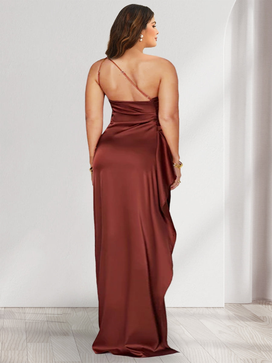 Sheath/Column One-Shoulder Sleeveless Floor-Length  Plus Size Bridesmaid Dresses with Split Side