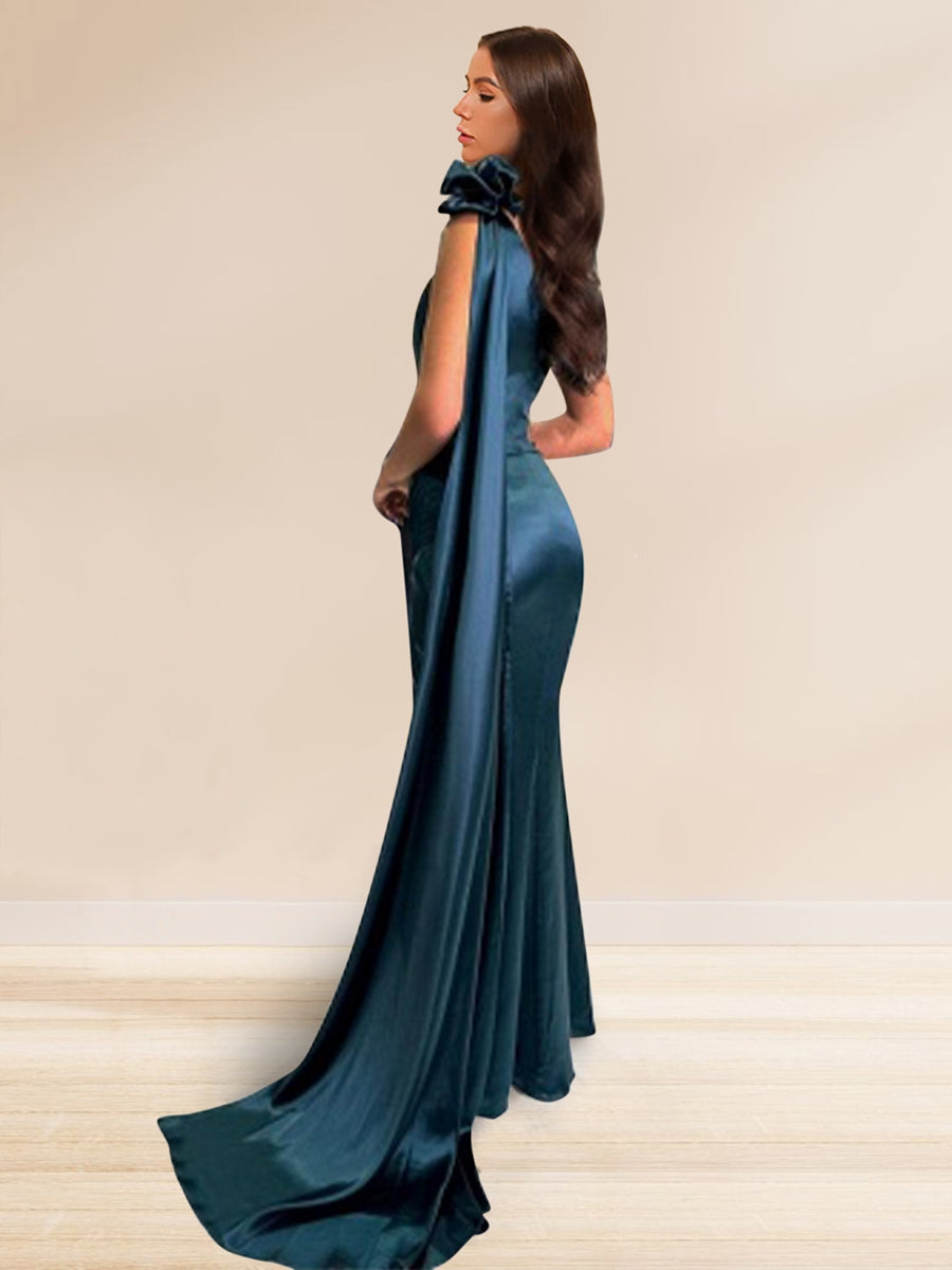 Sheath/Column One-Shoulder Floor-Length Ruched Evening Dresses with Split Side