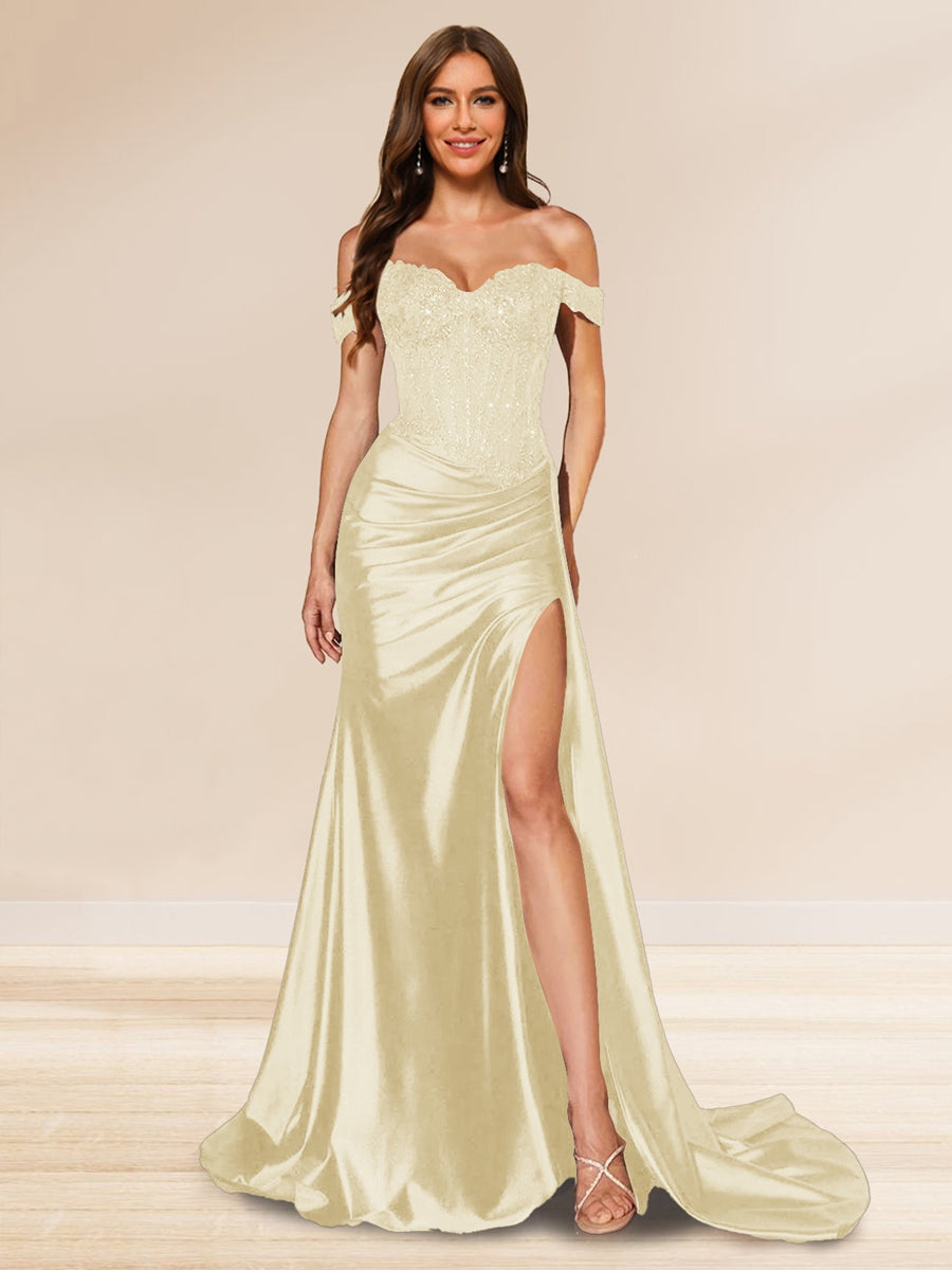 Trumpet/Mermaid Off-the-Shoulder Sweep Train Sequined Evening Dresses with Split Side