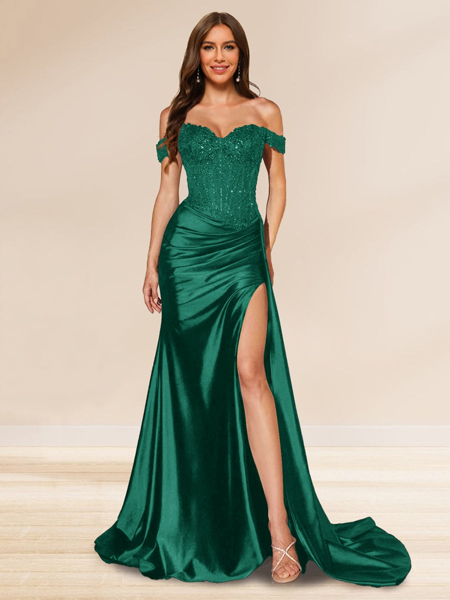 Trumpet/Mermaid Off-the-Shoulder Sweep Train Sequined Evening Dresses with Split Side