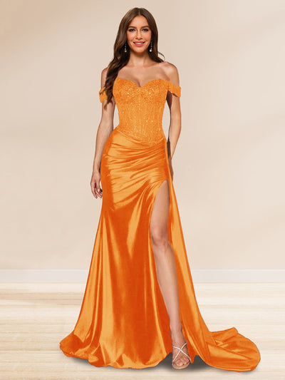 Trumpet/Mermaid Off-the-Shoulder Sweep Train Sequined Evening Dresses with Split Side