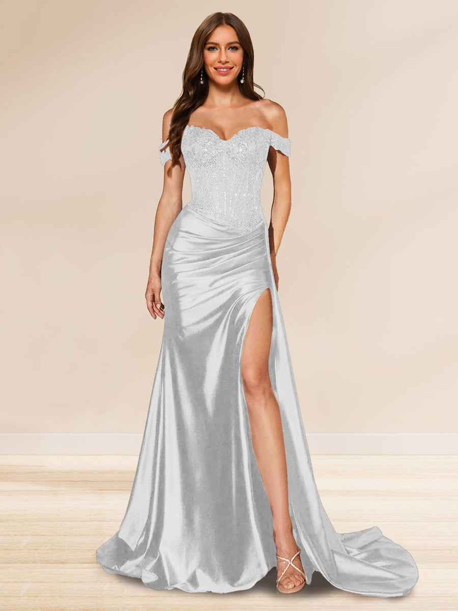 Trumpet/Mermaid Off-the-Shoulder Sweep Train Sequined Evening Dresses with Split Side