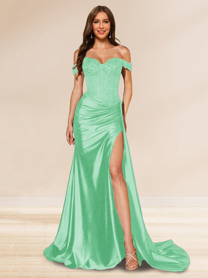 Trumpet/Mermaid Off-the-Shoulder Sweep Train Sequined Evening Dresses with Split Side