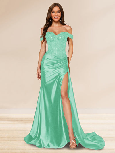 Trumpet/Mermaid Off-the-Shoulder Sweep Train Sequined Evening Dresses with Split Side