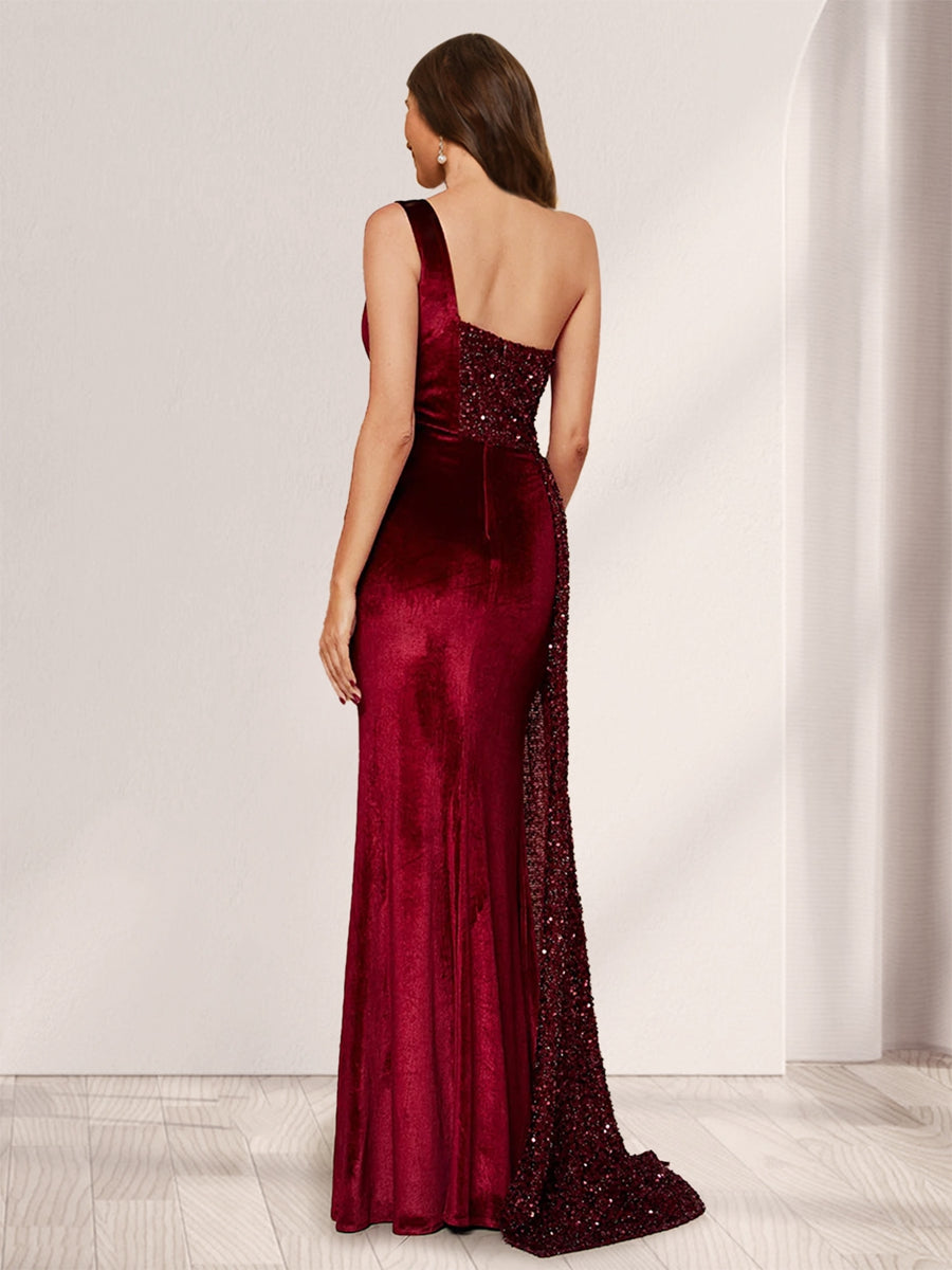 EVA Burgundy Red One Shoulder shops Sequined Sheath Wedding Guest Prom Formal Dress 8