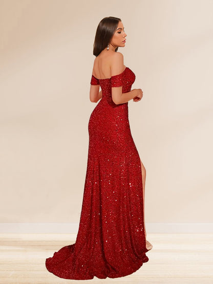 Trumpet/Mermaid Off-the-Shoulder Long Evening Dresses with Sequins & Split Side