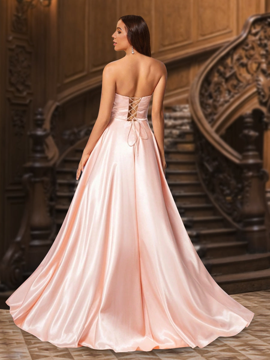 A-Line/Princess Strapless Sleeveless Floor-Length Evening Dresses with Split Side & Rhinestone