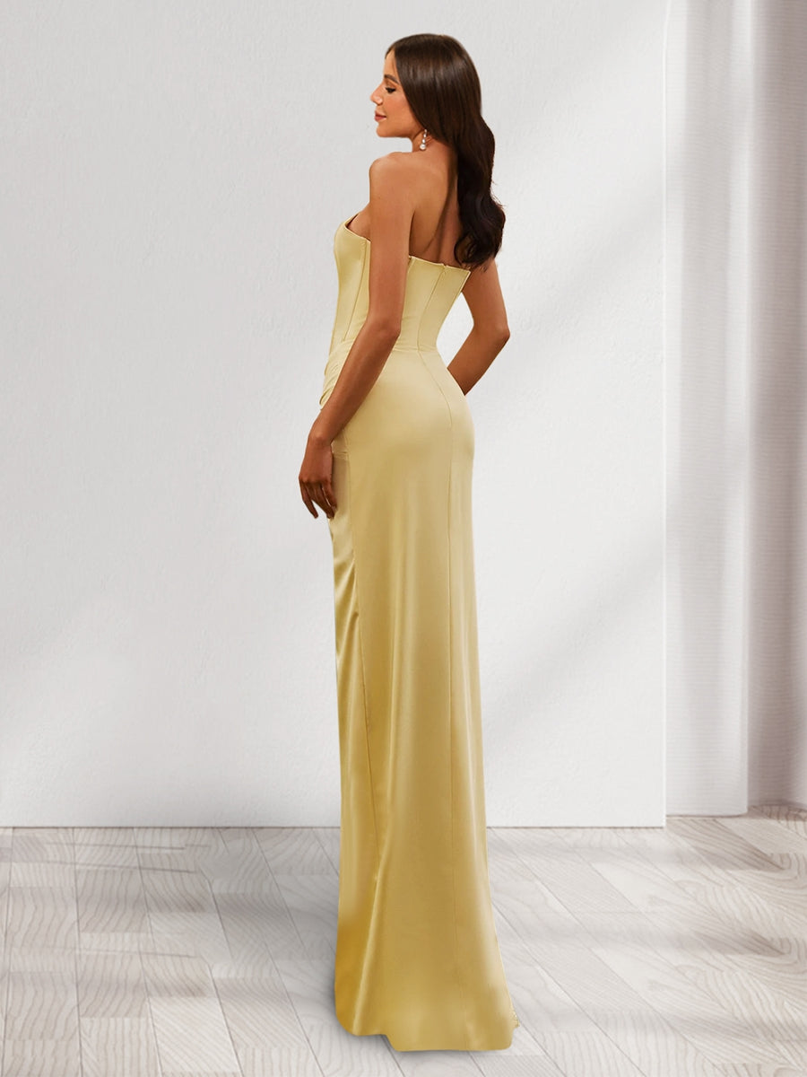 Sheath/Column Sweetheart Sleeveless Floor-Length Bridesmaid Dresses with Split Side & Ruffles