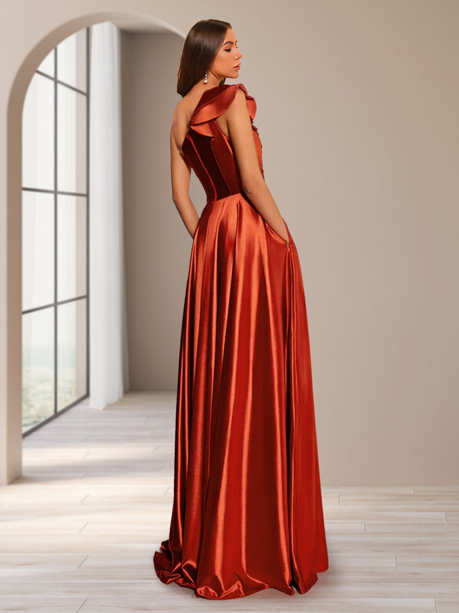 A-Line/Princess One-Shoulder Sleeveless Floor-Length Ruched Evening Dresses with Side Slit